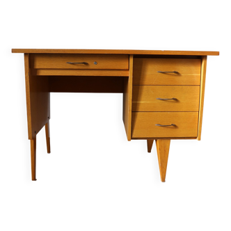 Oak desk, compass legs, drawers, 1960