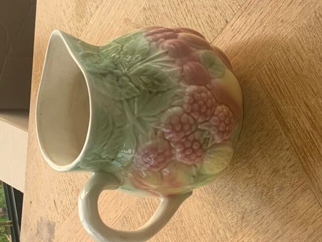 Pitcher, slurry carafe with fruit pattern, vintage glazed ceramic