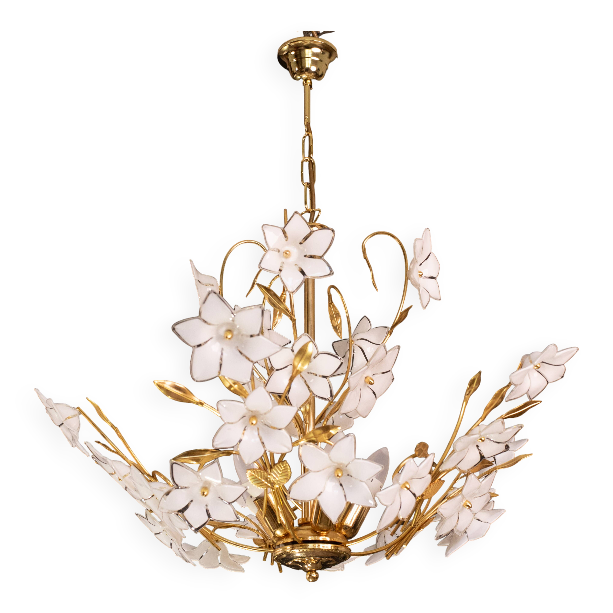 Vintage Murano Glass Chandelier White Flowers, 1970