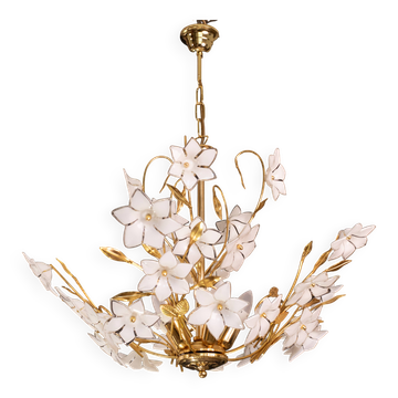 Vintage Murano Glass Chandelier White Flowers, 1970