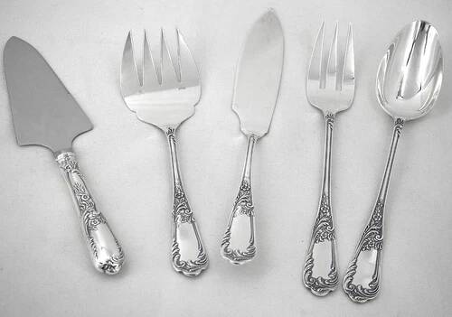 Ercuis Louis XV floral 5-piece service, ragout, fish, cake silver-plated metal