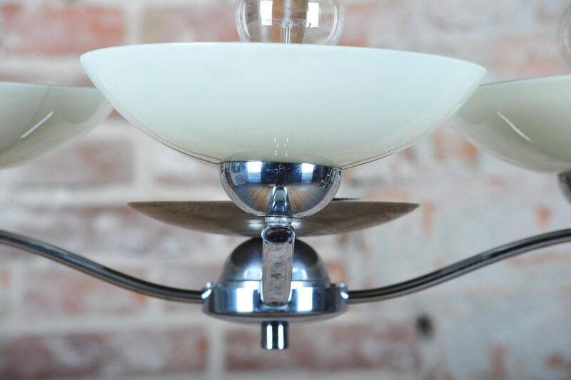 Art Deco Chandelier in Chromed Steel and Beech, Czech, 1920s