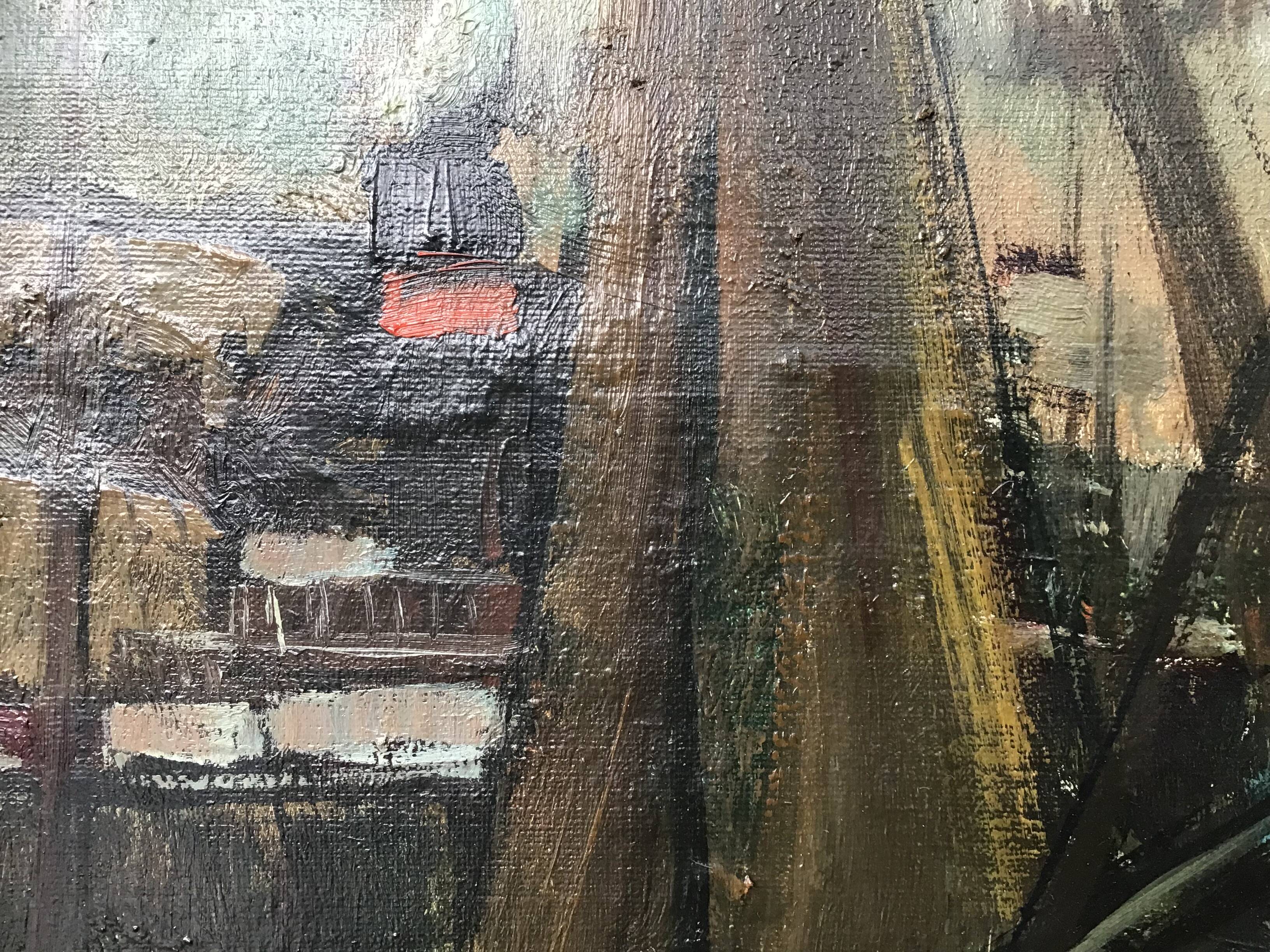 Oil on canvas - “The deck of the trawler returning from fishing” by Lucien Staquet (1911-1989)