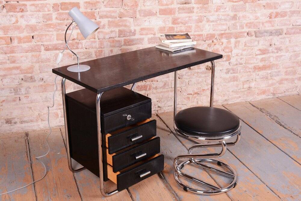 Bauhaus Writing Desk in Oak and Chromed Steel by Robert Slezák, Czech, 1930s