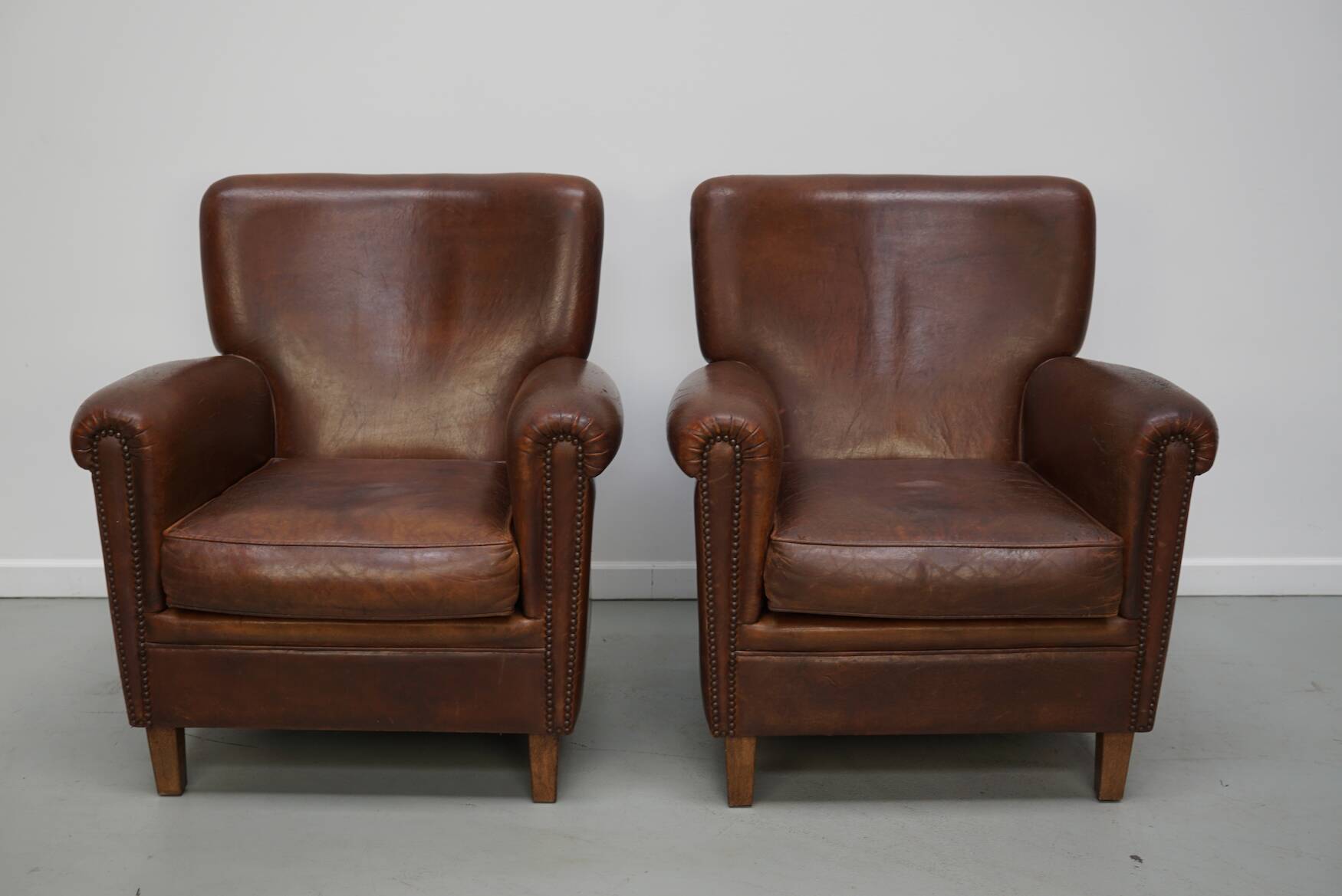 Vintage Dutch Cognac Colored Leather Club Chair, Set of 2