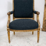Pair of 19th century Louis XVI gilt armchairs newly re upholstered in holland and sherry fabric
