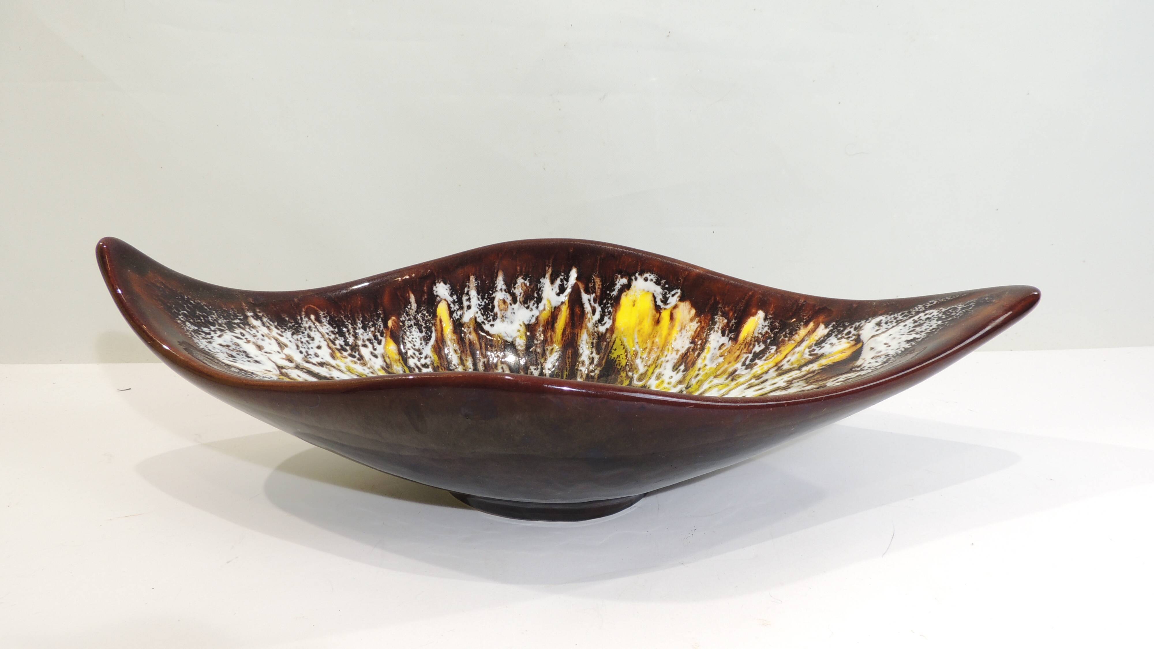 Vintage decorative dish in brown and yellow glazed ceramic from the 70s