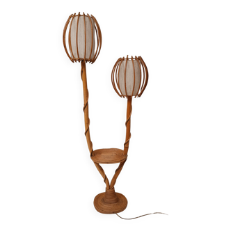 Lampadaire  bambou et rotin   2 feux années 60