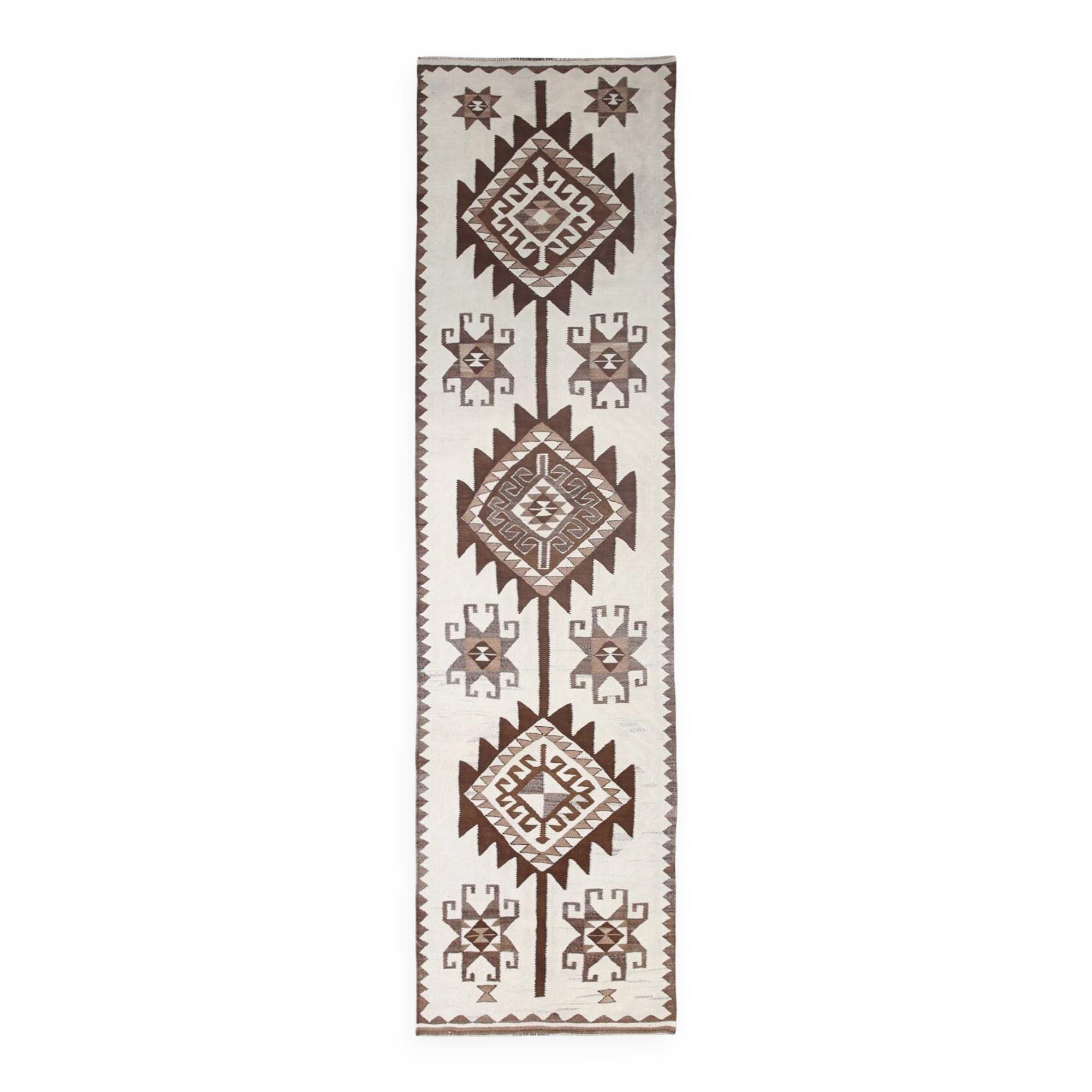 3x12 Vintage Beige & Brown Kilim Runner Rug, 95x373Cm