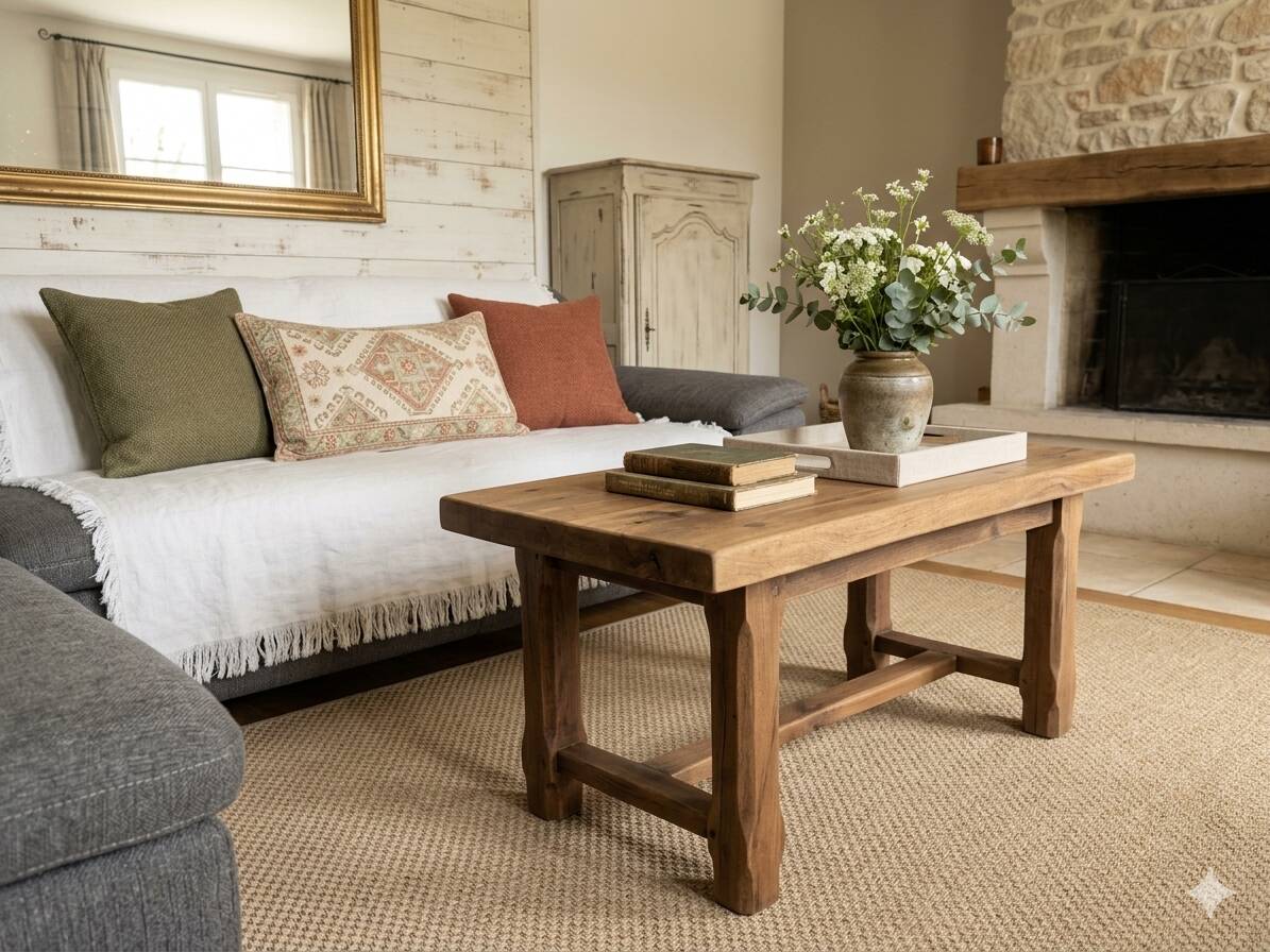 Table basse rustique en bois massif – Style Campagne Chic / Ferme