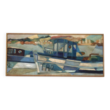 Original  Swedish Oil on Canvas – “Boats” by Kjell Lindberg – Vintage