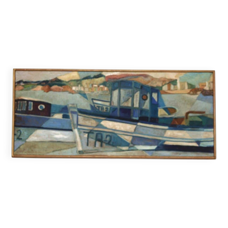 Original  Swedish Oil on Canvas – “Boats” by Kjell Lindberg – Vintage