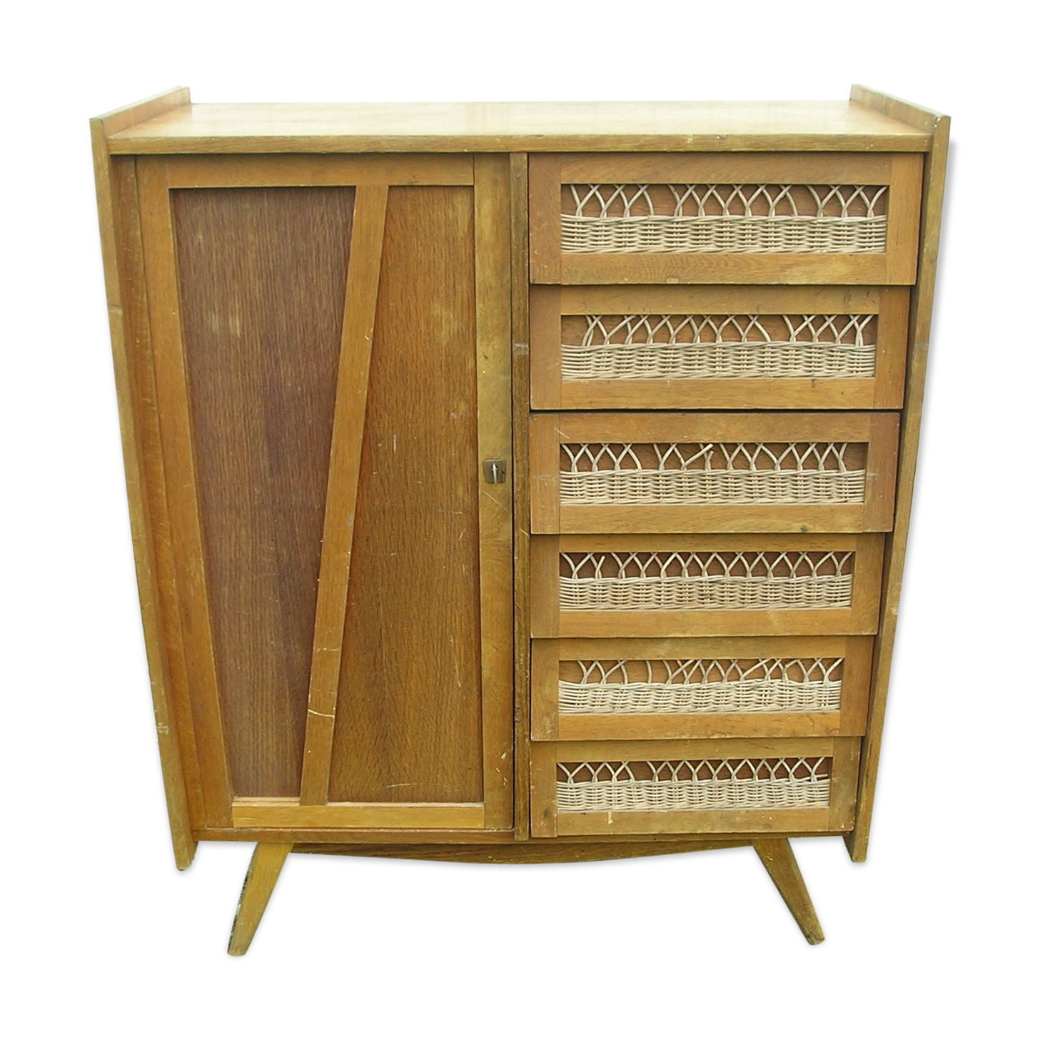 Chest of drawers with compass feet, 1 door and 6 drawers, 1960s