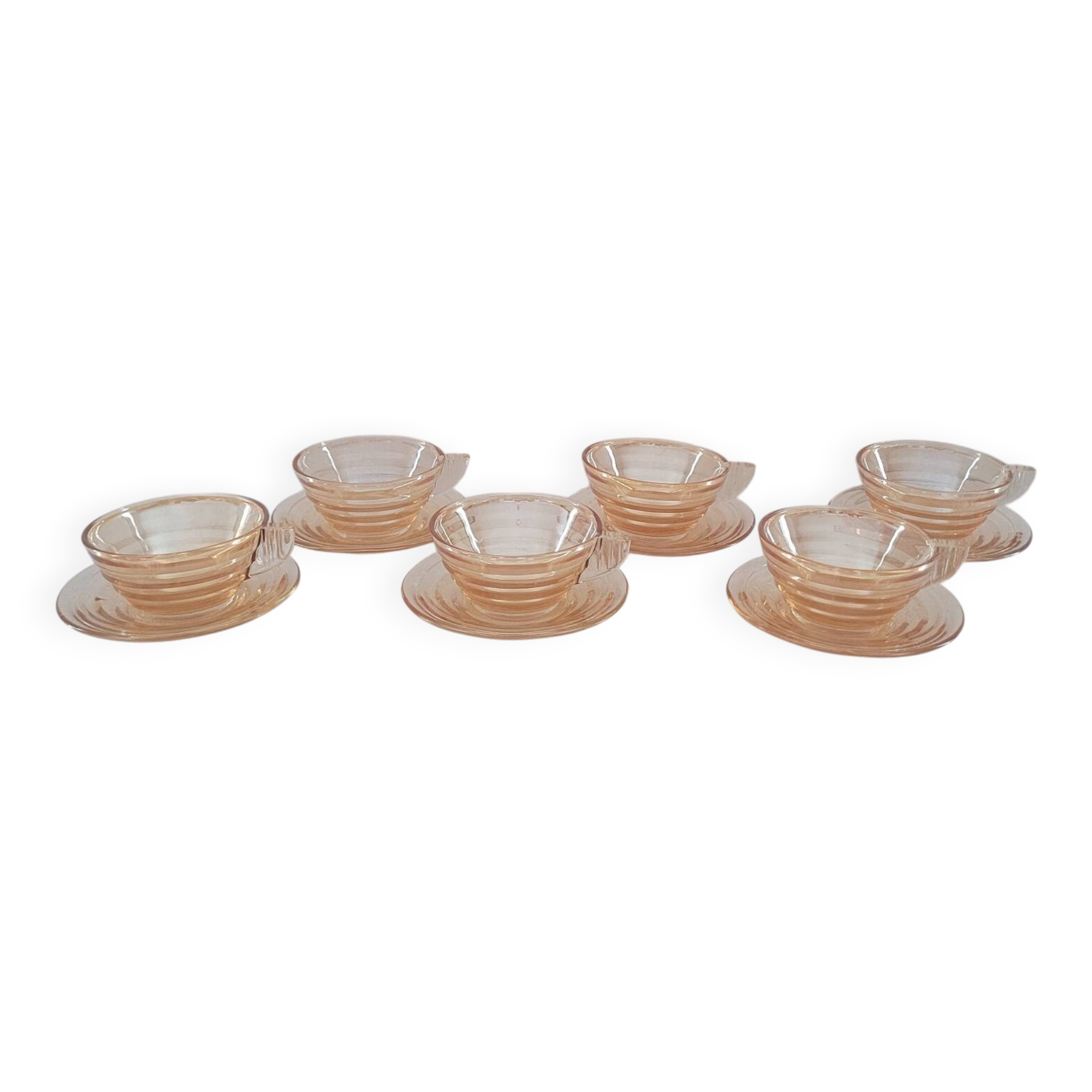 Set of 6 Gondolo cups and saucers in iridescent amber glass – design