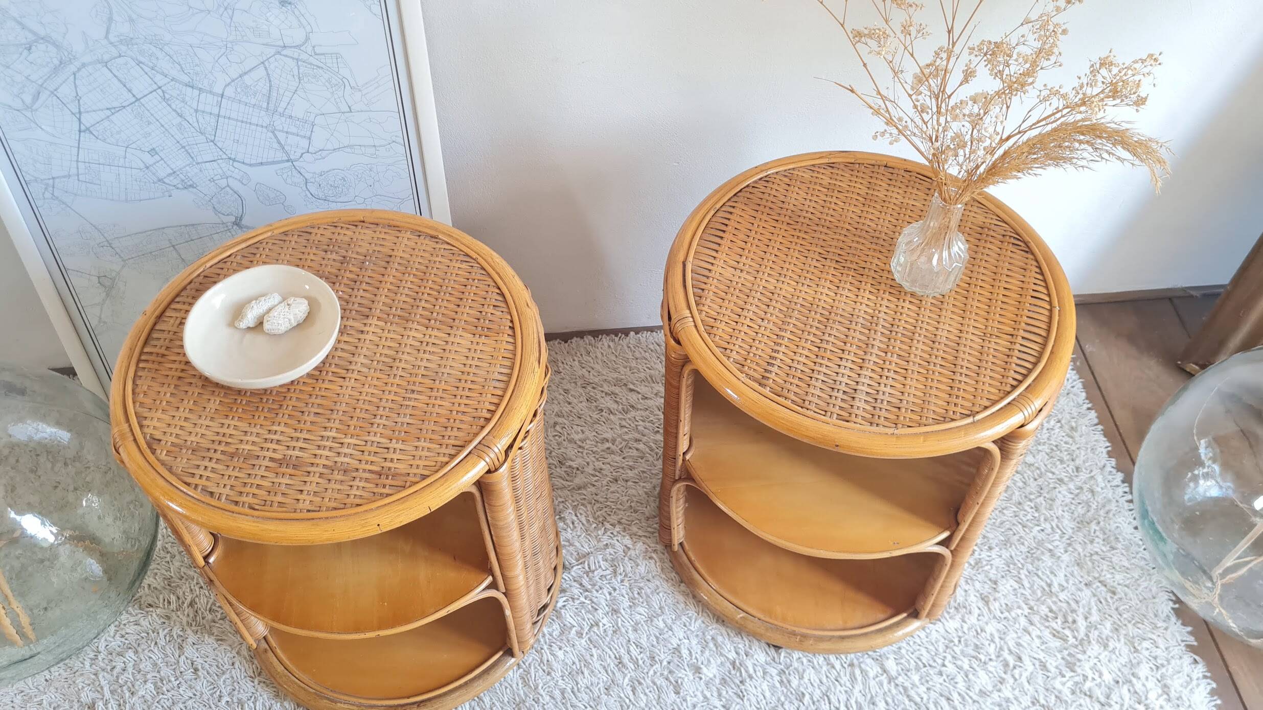 Pair of wicker bedside tables circa the 1970s.