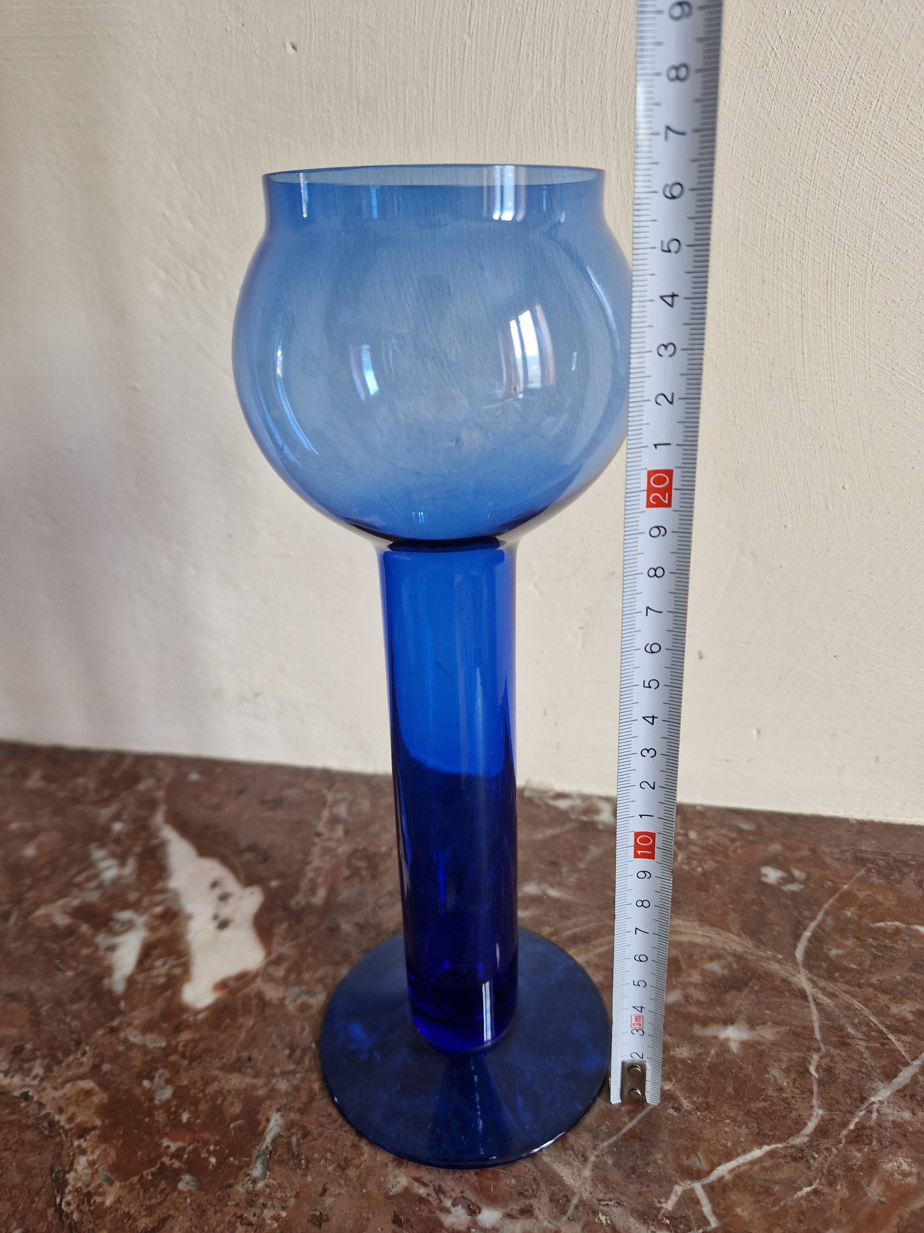 Vintage blue glass footed bowl vase from the 1970s.
