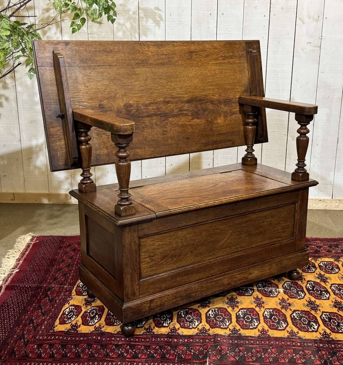 English oak bank safe from the 1930s that can serve as a console.
