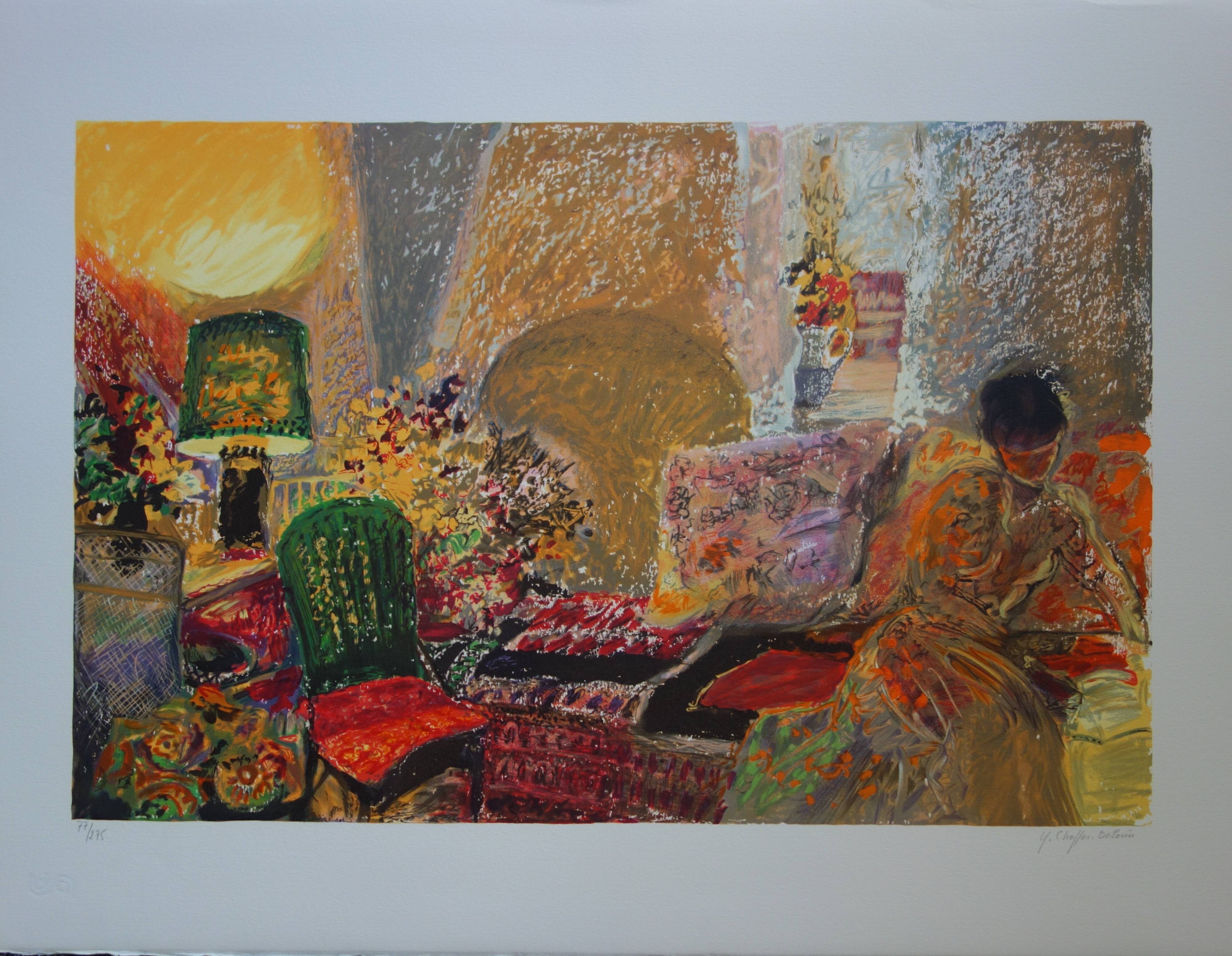 Yvonne CHEFFER DELOUIS: Reading in the Salon, Original signed lithograph