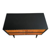 1960s Vintage IKEA Teak Side Cabinet with Brown Teak and Black Faux Leather Accents