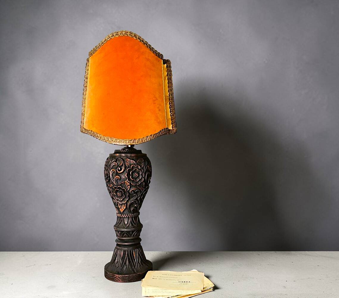 Large Carved Wood Half Shade Table Lamp