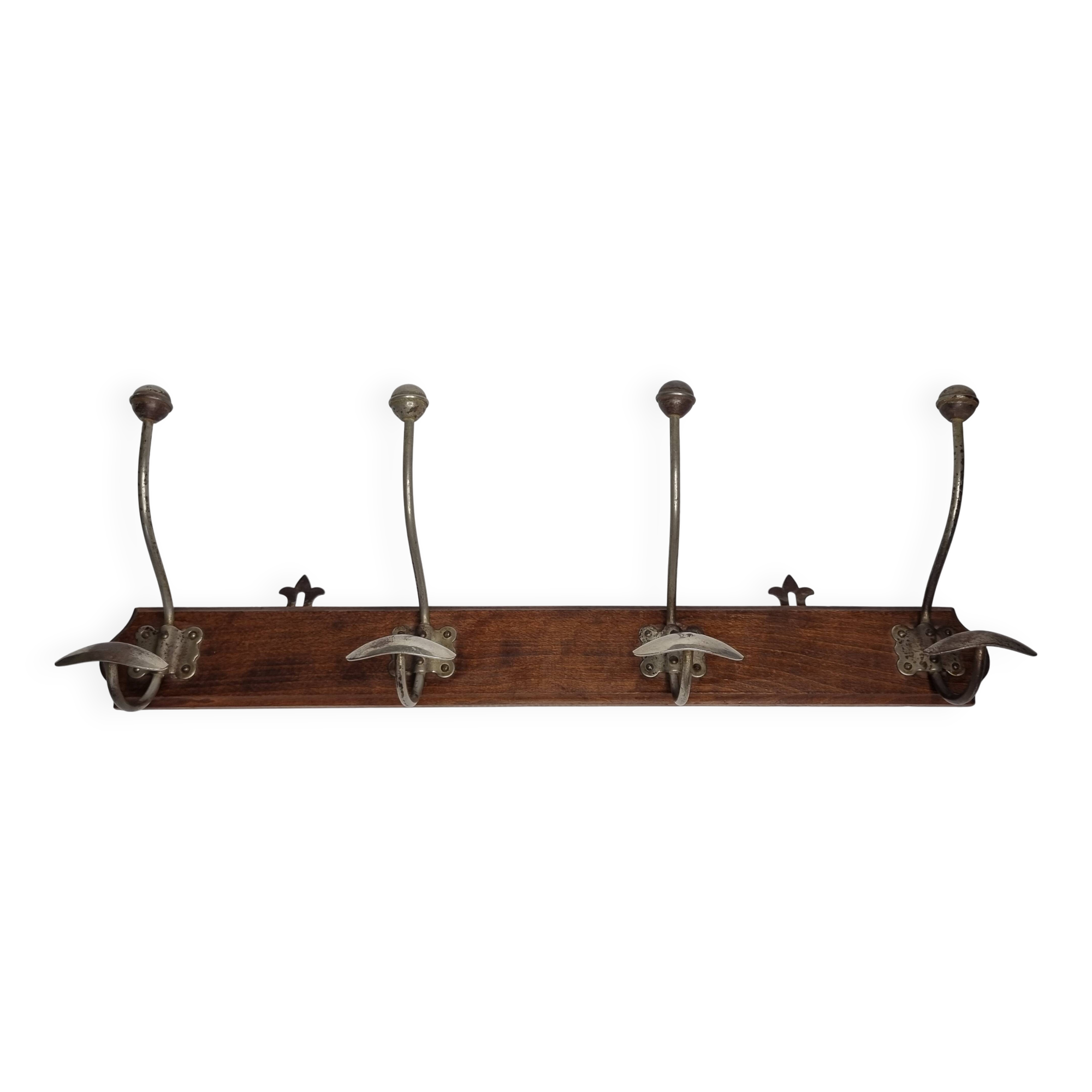 Antique wall-mounted coat rack in wood and metal with 4 hooks, 66 cm