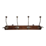 Antique wall-mounted coat rack in wood and metal with 4 hooks, 66 cm
