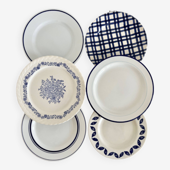 6 vintage mismatched blue and white porcelain dessert plates - Lot V
