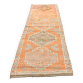 Apricot Tones Vintage Turkish Runner Rug, Oushak Wool Hallway Carpet