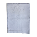 Fine linen sheet with ribbon and florets, monogrammed mr