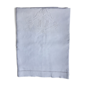 Drap en lin fin avec ruban et fleurettes, monogrammé mr