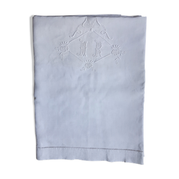 Fine linen sheet with ribbon and florets, monogrammed mr
