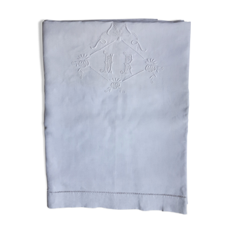 Fine linen sheet with ribbon and florets, monogrammed mr