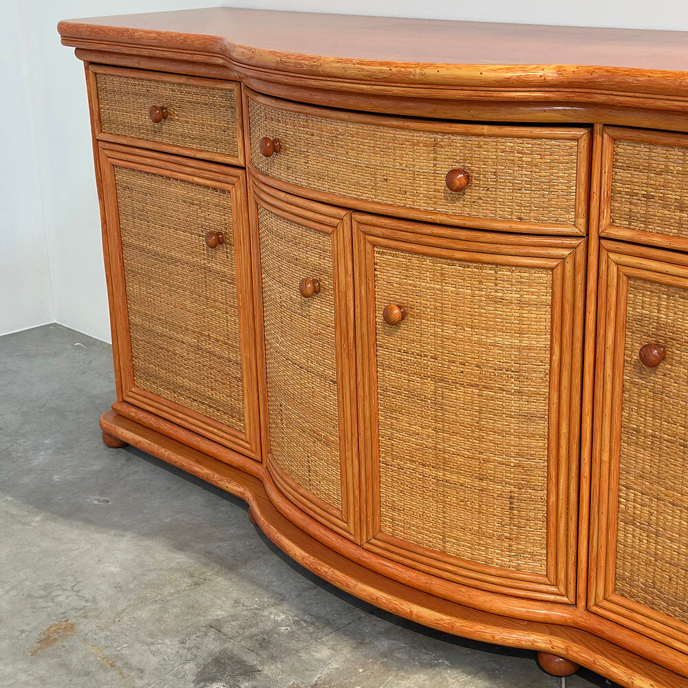 Vintage rattan & wood orange curved sideboard, 1980s