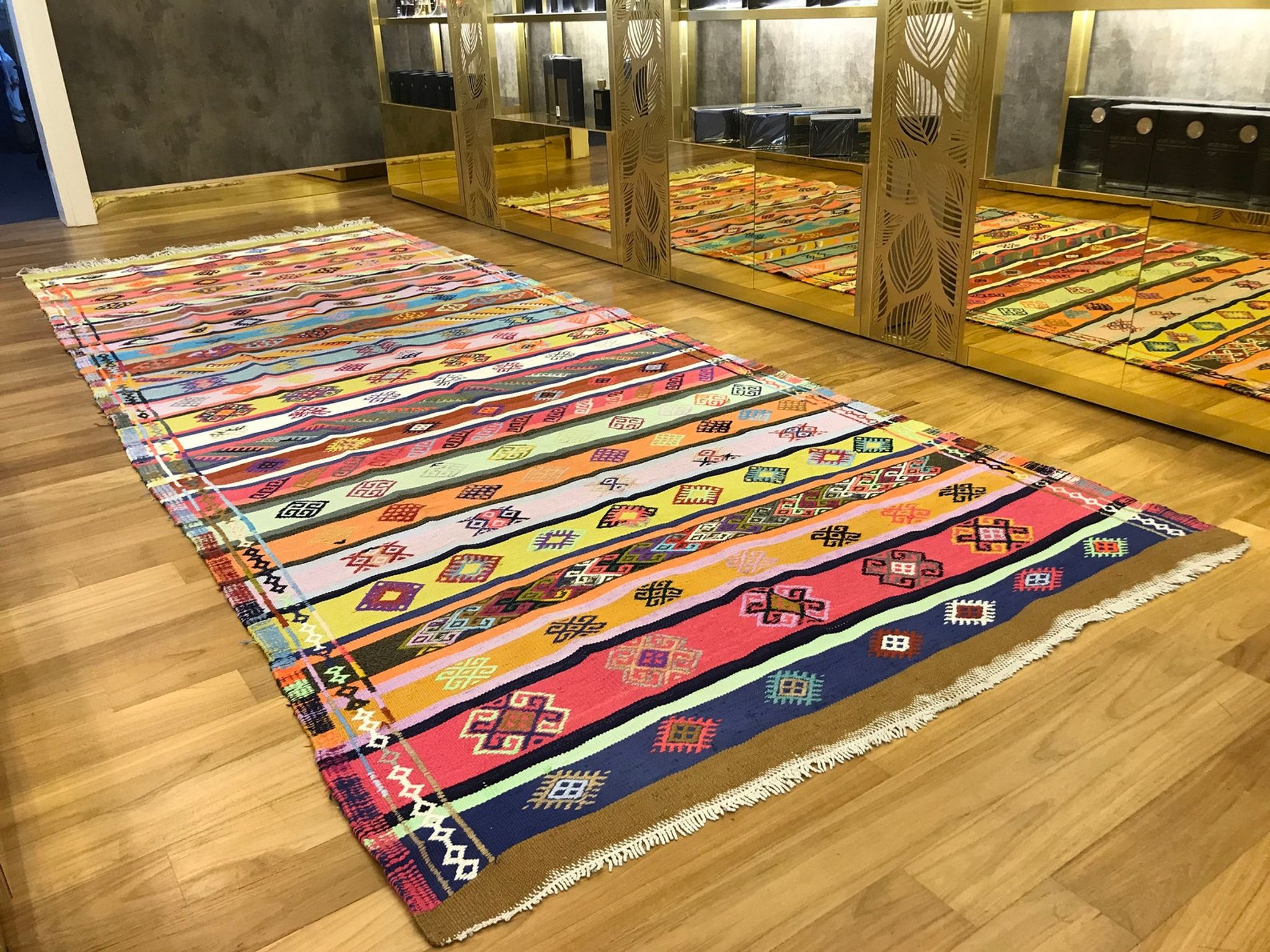 Colorful runner rug, handmade turkish kilim rug with ethnic patterns