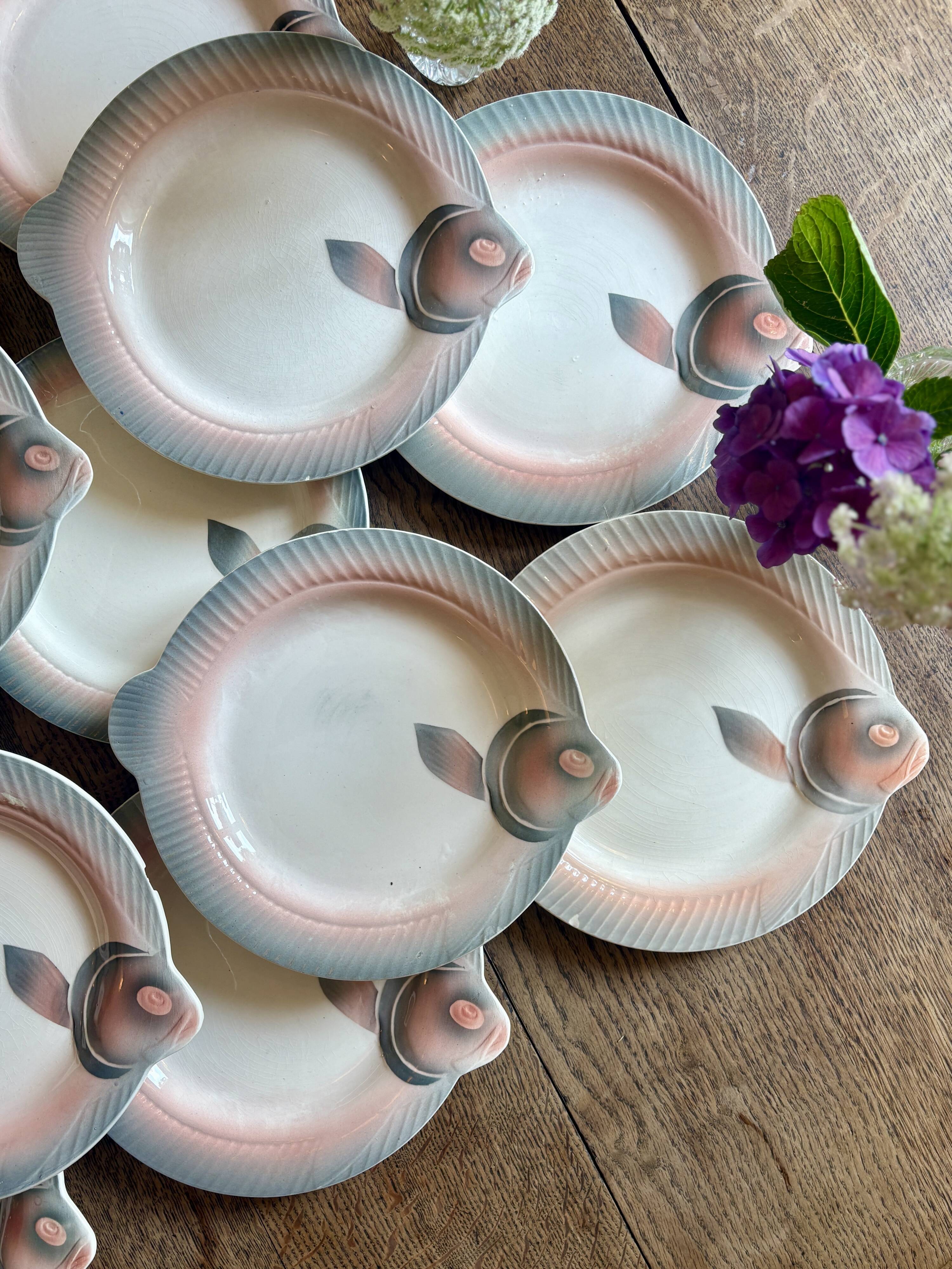 Set of 12 vintage pink and gray fish-shaped plates - Digoin