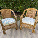 2 vintage armchairs in cannage and bamboo