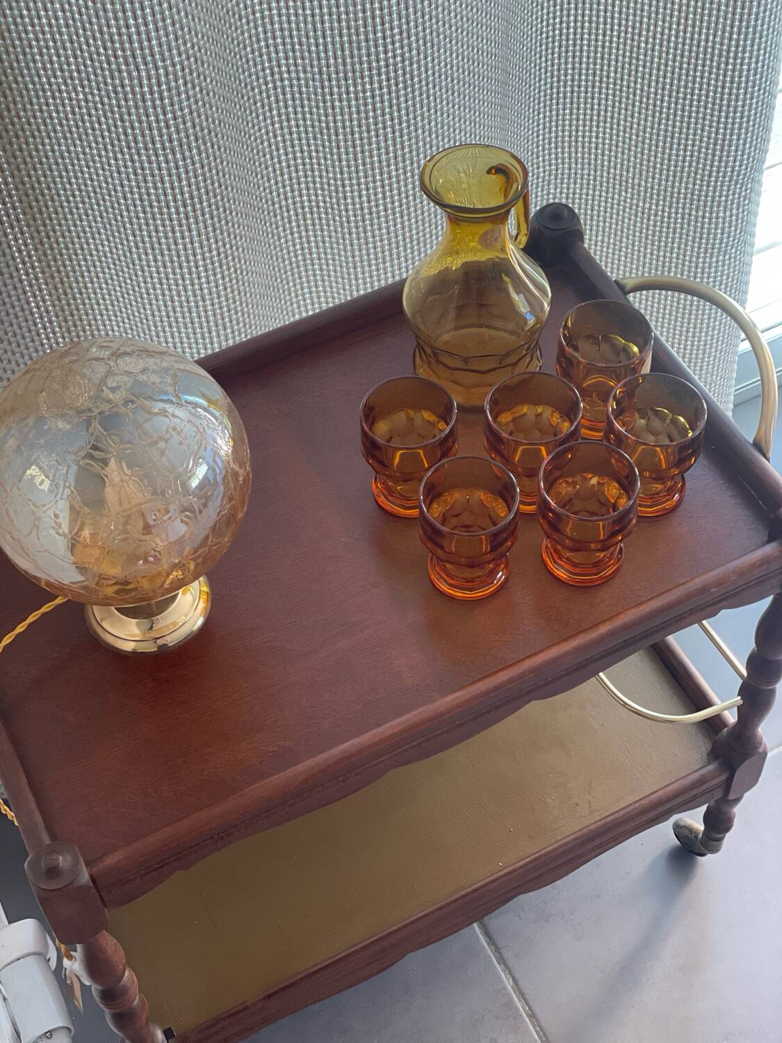 Vintage wooden and gilded brass rolling dessert trolley