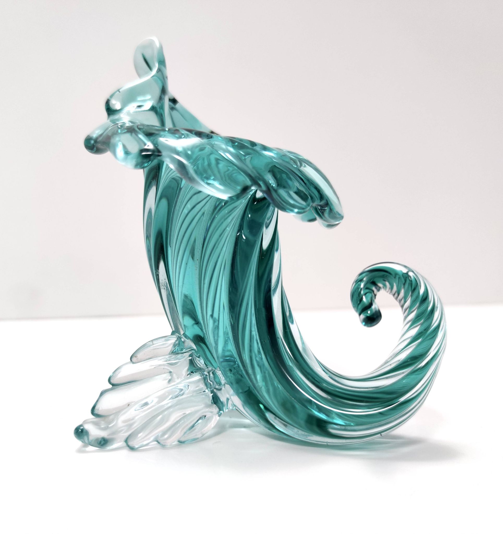 Teal Murano Glass Cornucopia Vase by Archimede Seguso, Italy