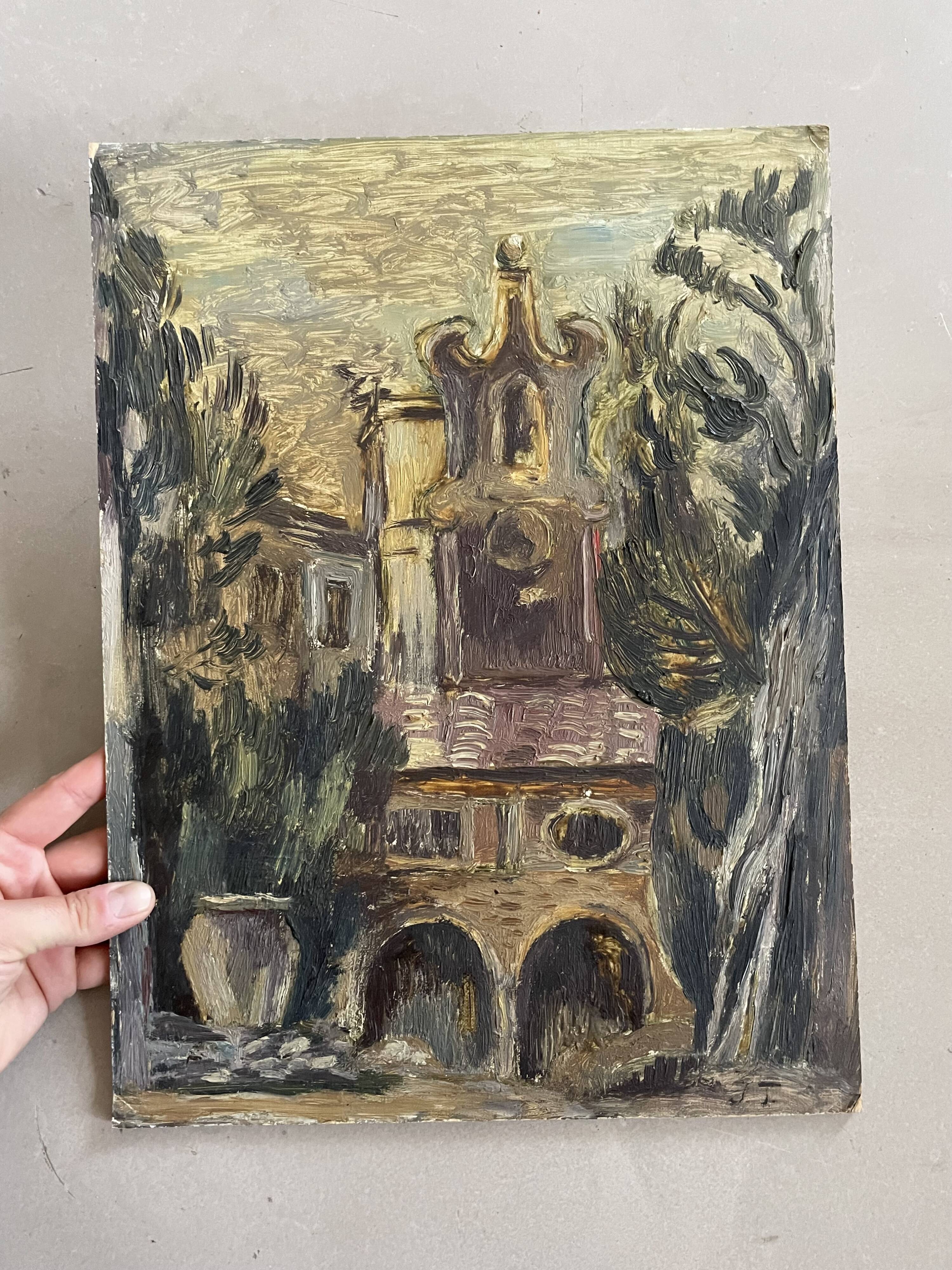 Tableau ancien, église baroque sur carton