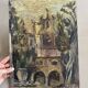 Tableau ancien, église baroque sur carton