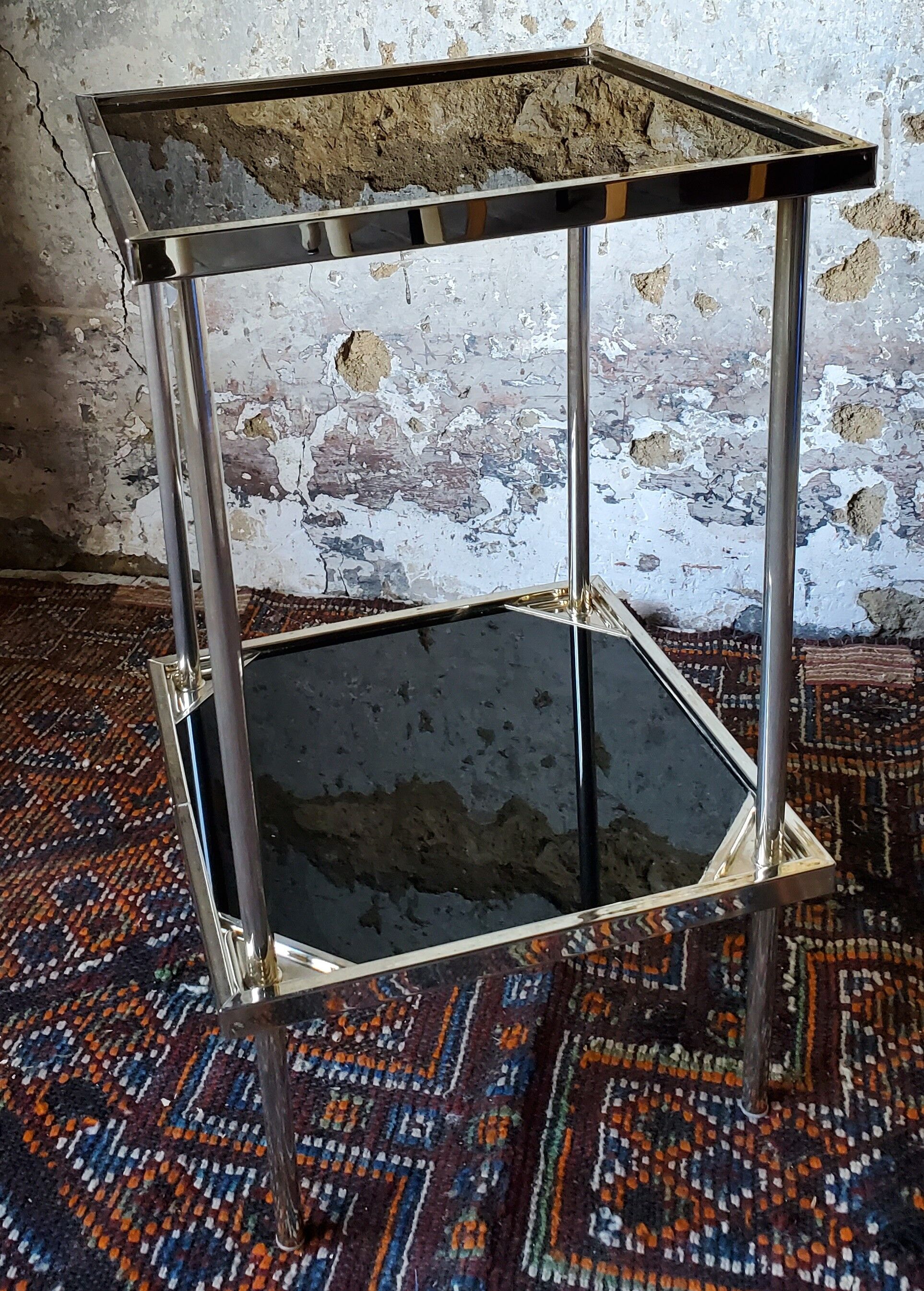 70s black glass and gold metal side table