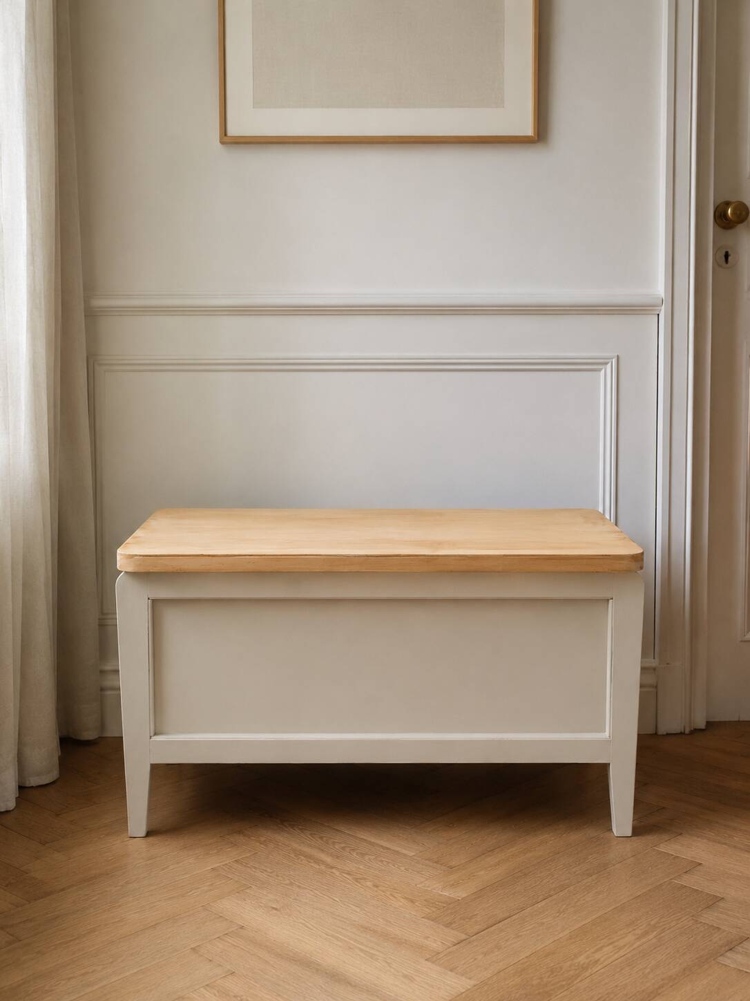 Re-enchanted vintage toy chest in beige, wooden tray.