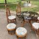 Vintage rattan dining set with glass table, 4 chairs and 4 stools.