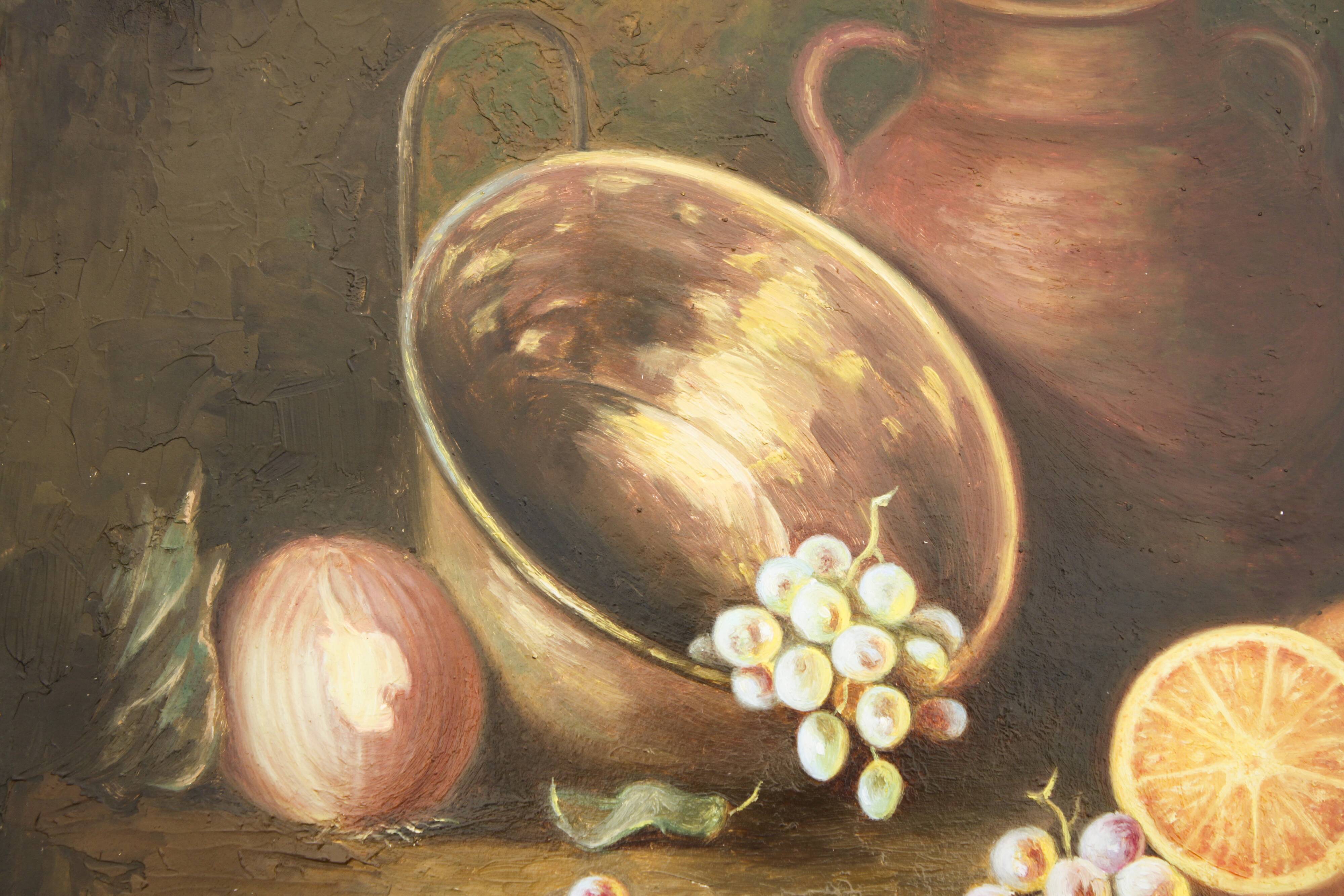 Cuadro al oleo con frutas. Bodegón con fruits y objects de cobre y barro.