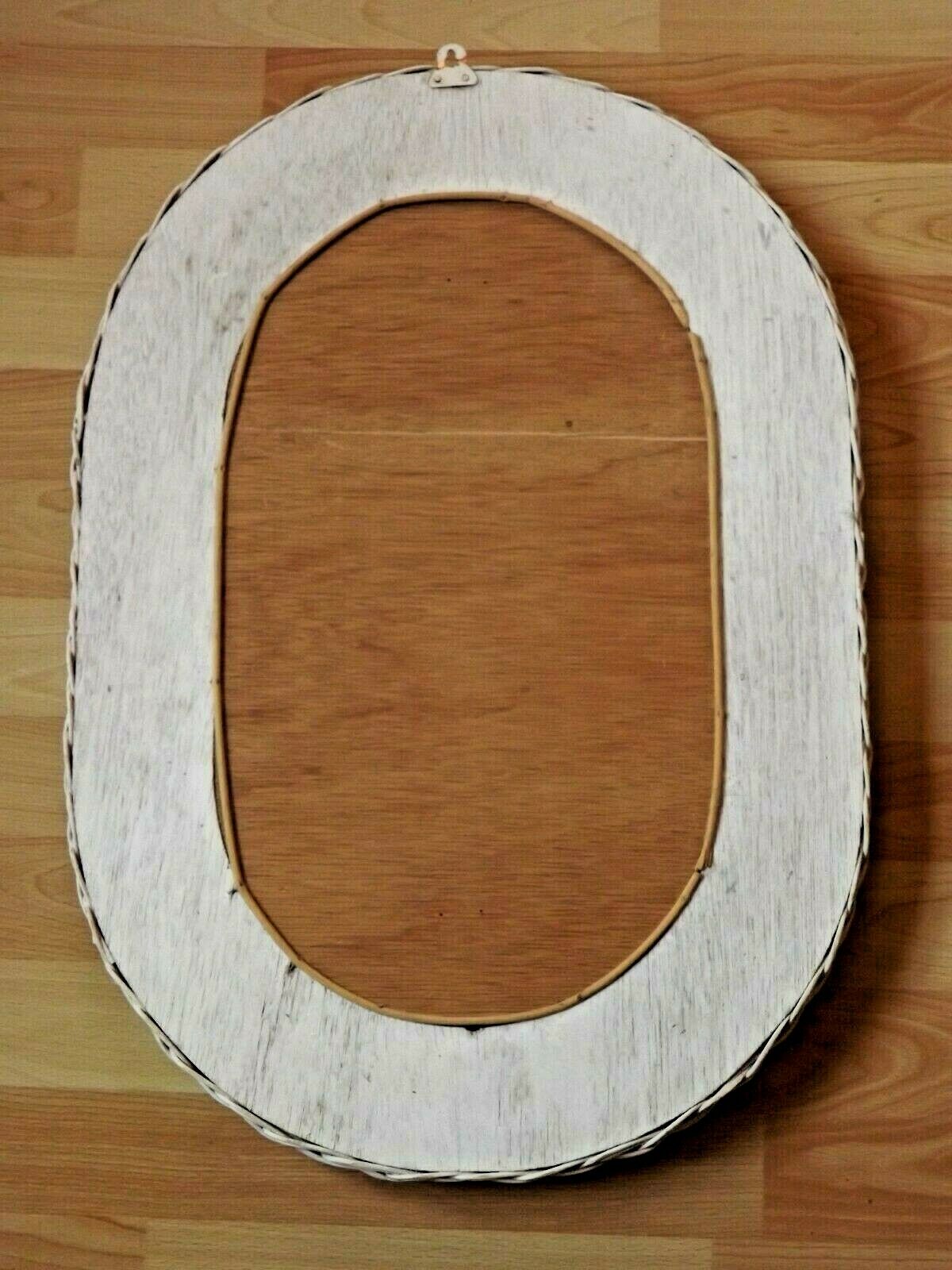 Vintage French White Oval Rattan Mirror Plywood Back Hanging Hook.