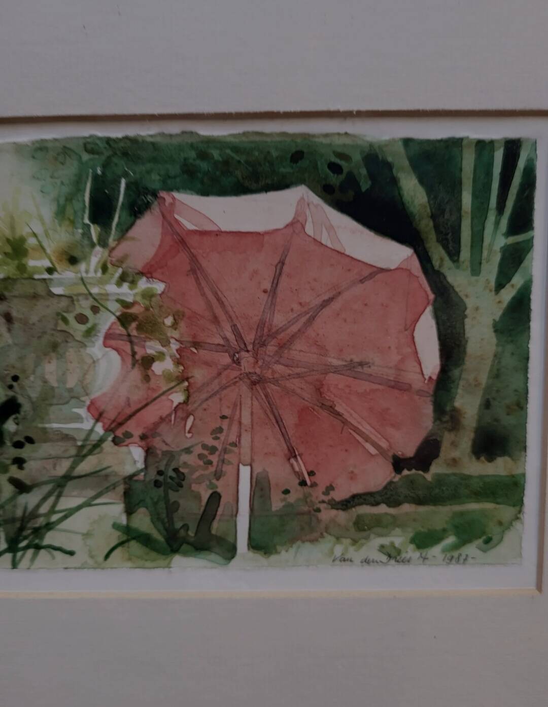 Aquarel of schilderijtje, “Parasol”, M. Van den Dries, 1987