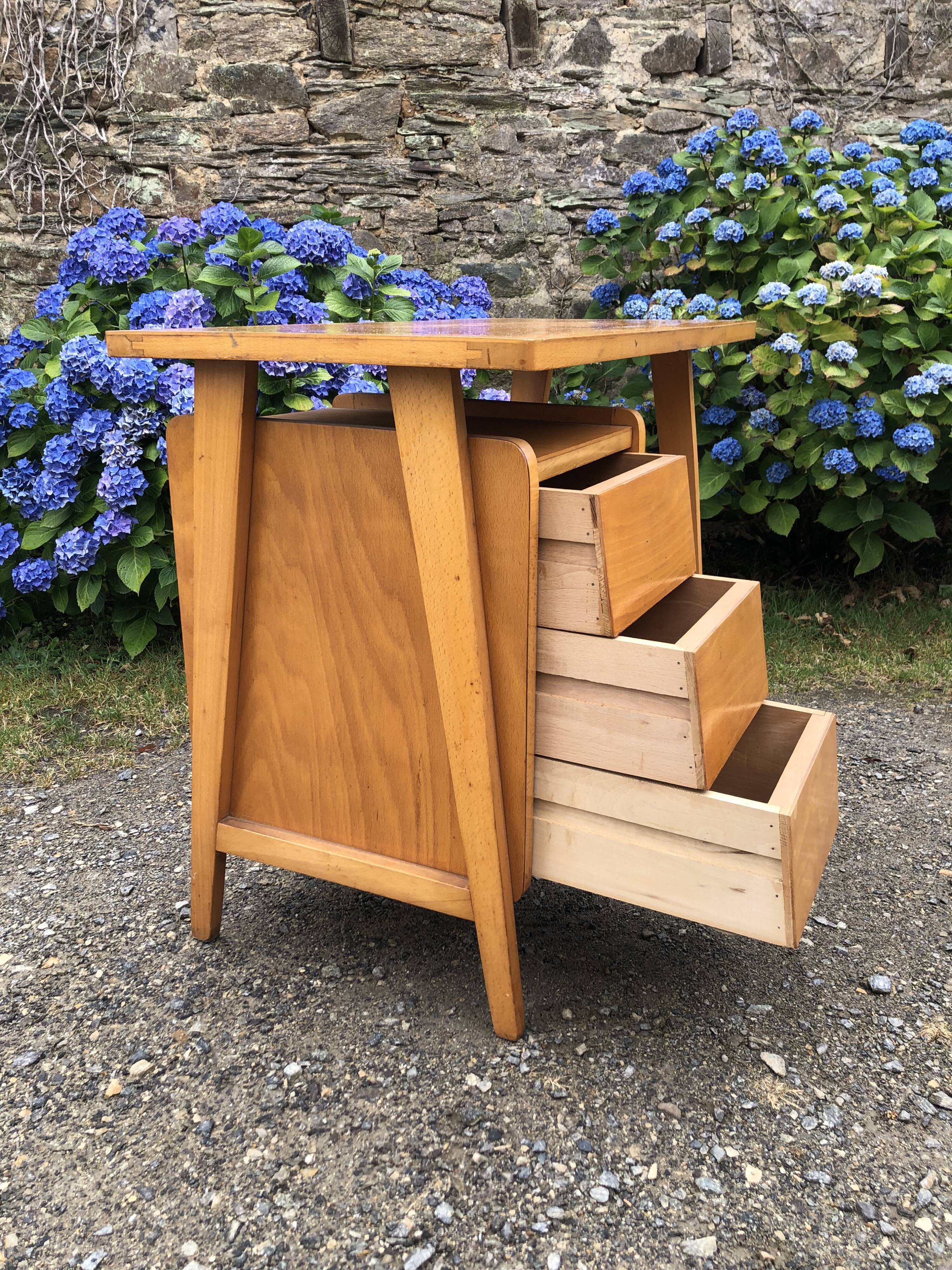 Vintage desk with beech compass legs with 3 drawers.