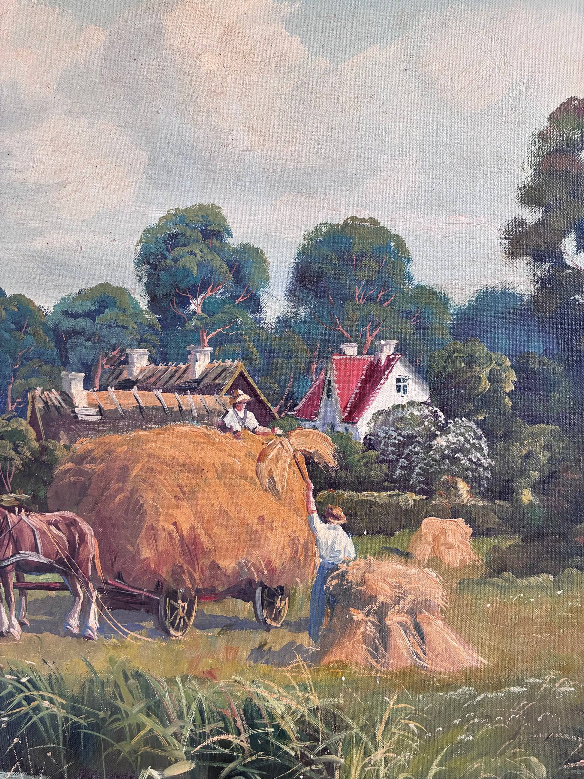 Vintage original large landscape oil painting, signed countryside art