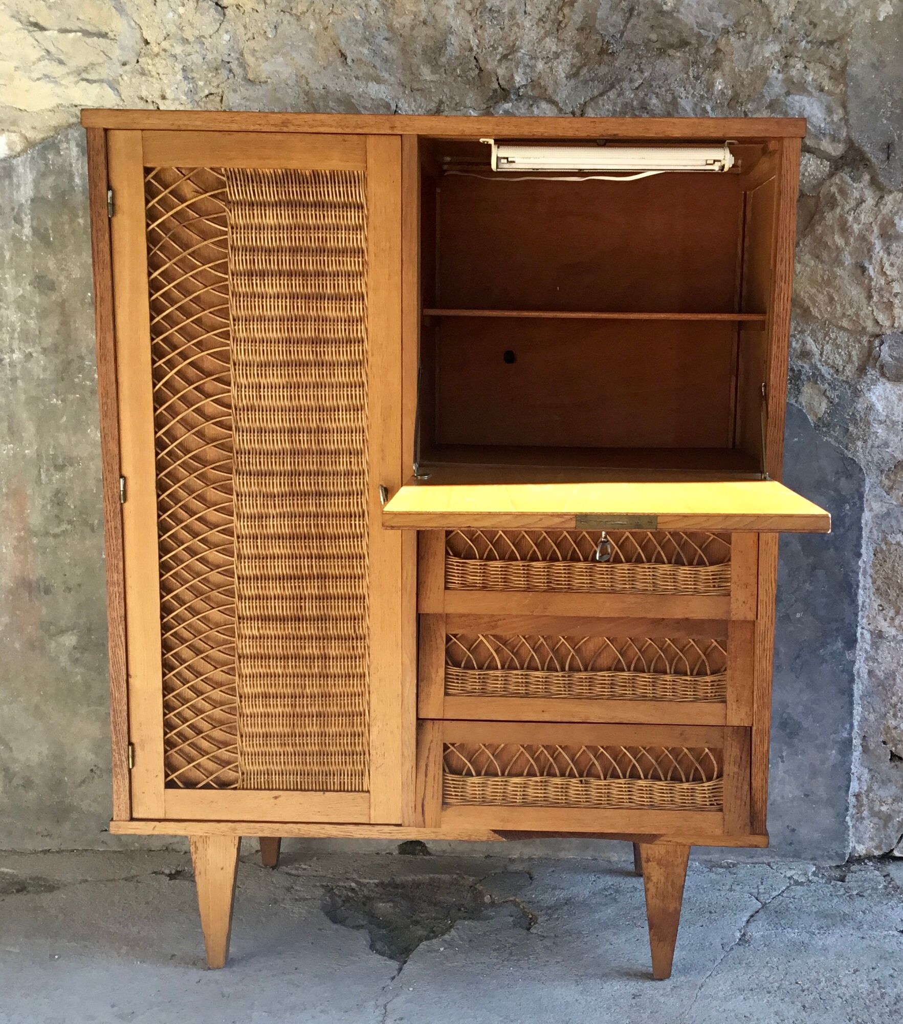Rattan cabinet with integrated illuminating secretary vintage 1960