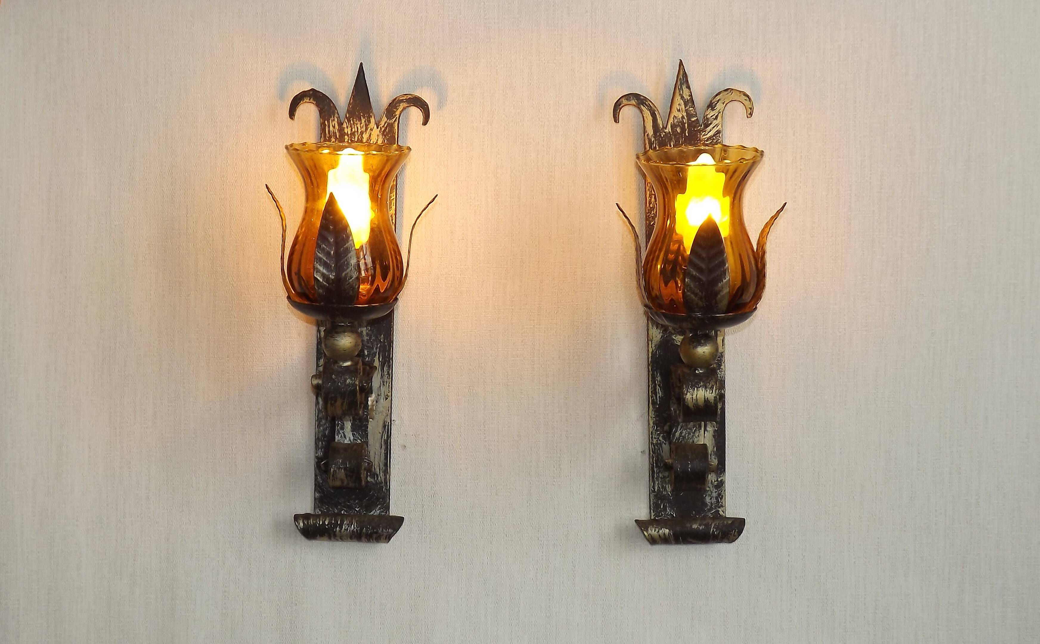 Pair Hand Forged Wrought Iron Medieval Style Wall Lights Amber Glass Shades